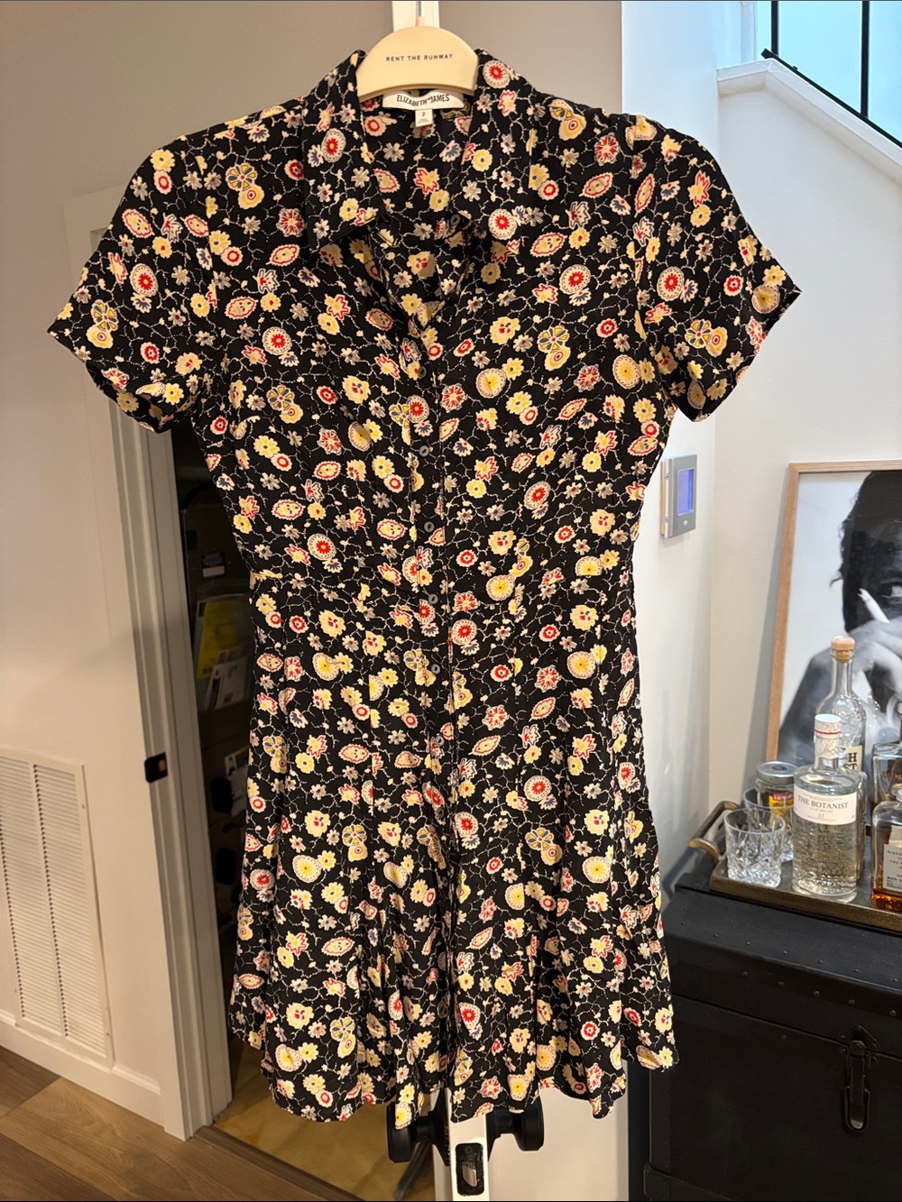 Elizabeth and James Black Silk Floral Button-Front Short Dress